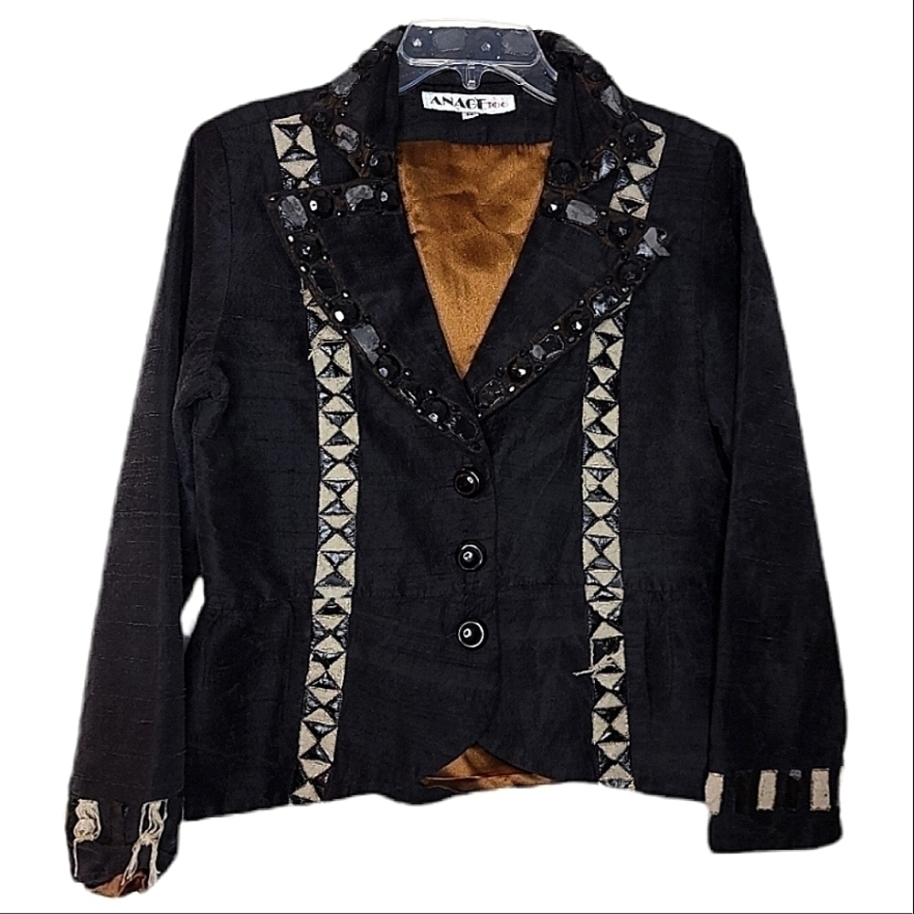 Anage Too vintage women's m black button down embellished sparkly geometric top